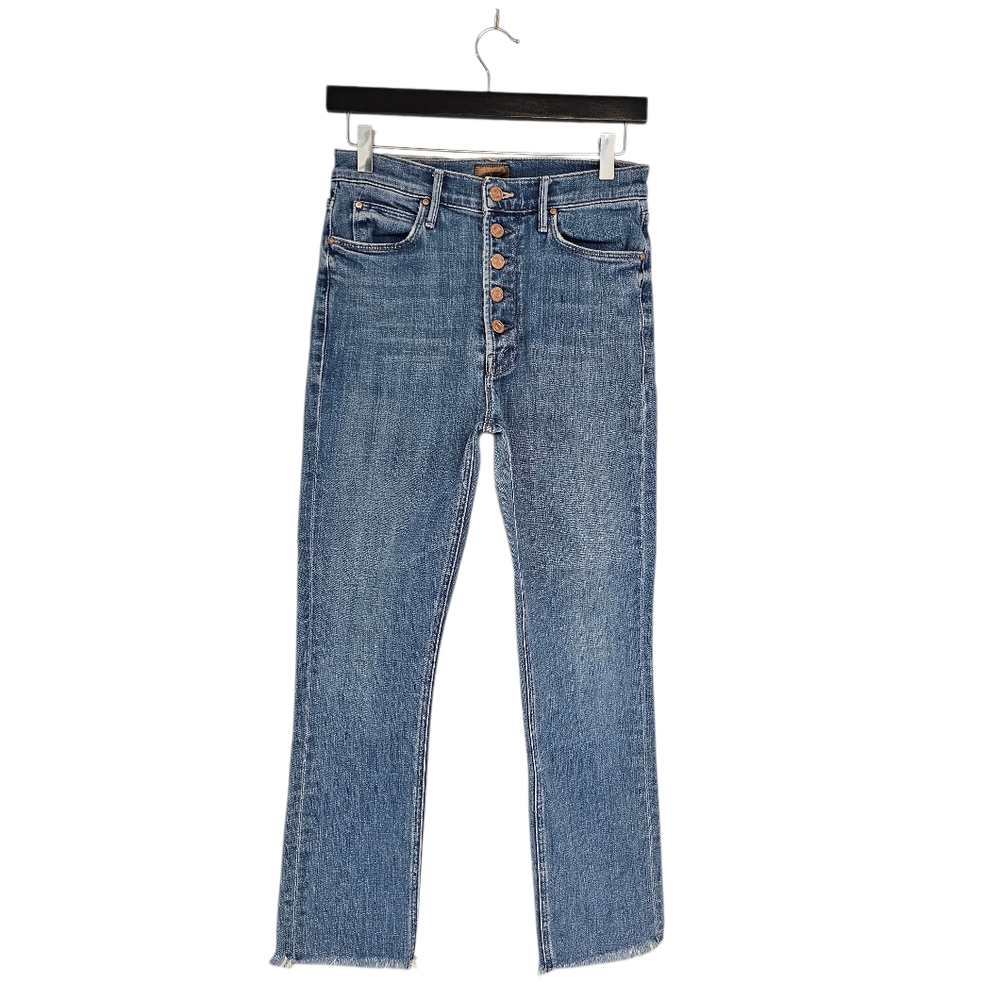 MOTHER The‎ Pixie Dazzler Ankle Fray Blue Straight Leg Button-Fly Blue Jeans 27